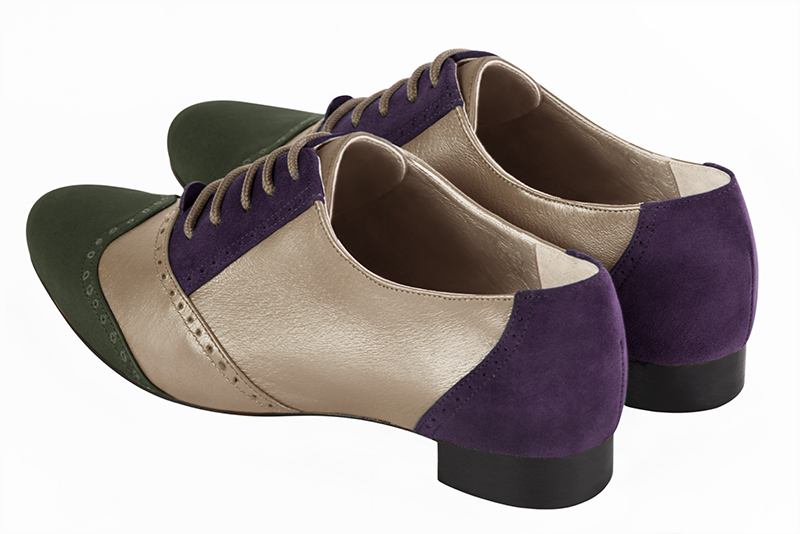 Forest green, gold and amethyst purple women's fashion lace-up shoes. Round toe. Flat leather soles. Rear view - Florence KOOIJMAN